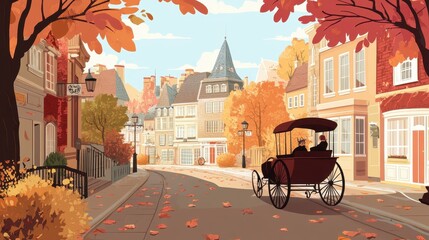 Wall Mural - Autumn Cityscape with Horse-Drawn Carriage