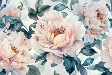 Canvas Print - Delicate Watercolor Peonies and Lush Leaves