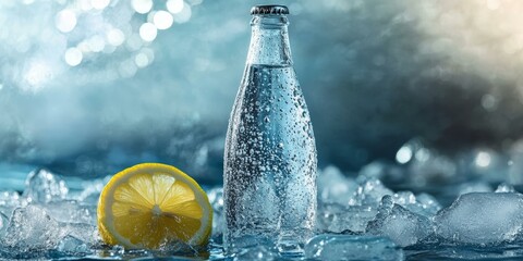 Sticker - Cold drink bottle and lemon slice on ice.