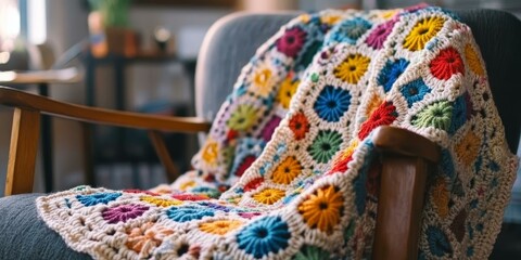 Poster - Colorful crocheted blanket draped over wooden chair.