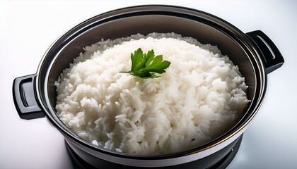 Cooked rice in a cooker, fresh meal, healthy food