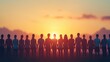 © Khritthithat - A sunrise over a multicultural crowd holding hands, with each ray of sunlight representing hope, equality, and the journey towards progress