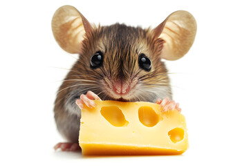 Wall Mural - Tiny cute mouse holding a piece of cheese isolated on white background