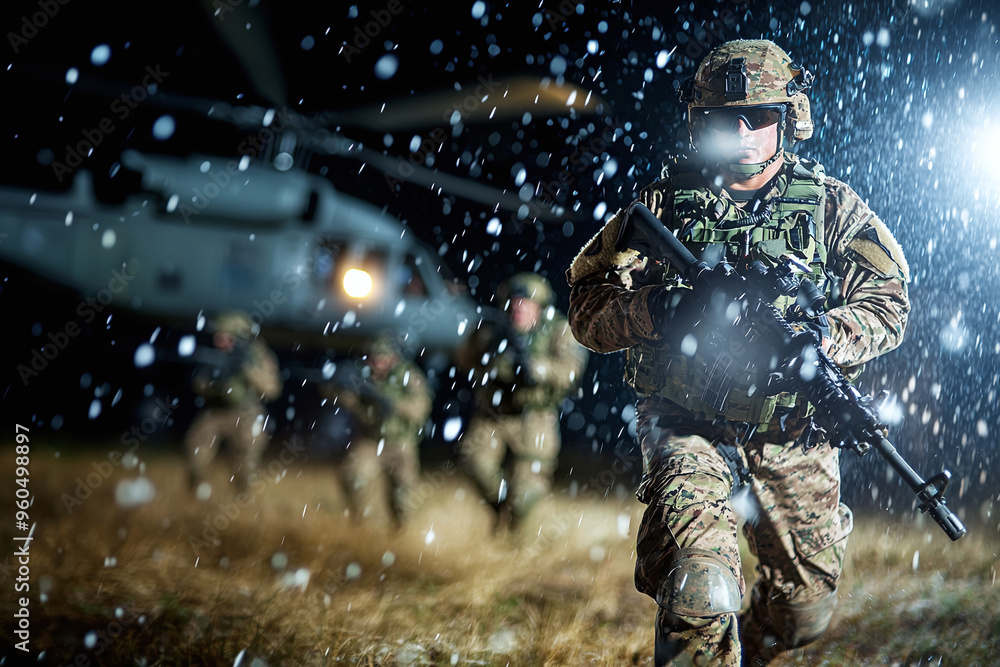 Navy SEALs fast-roping from a helicopter, night scene with tracers ...