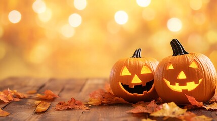 Wall Mural - Two jack o lanterns are glowing on a rustic table with autumn leaves and bokeh lights in the background