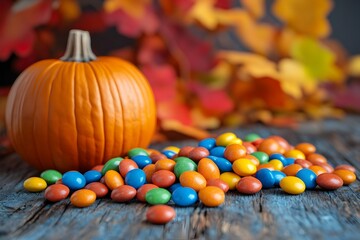 Vibrant Halloween Treats, an array of colorful candies overflowing from a festive container, capturing the essence of seasonal celebration.