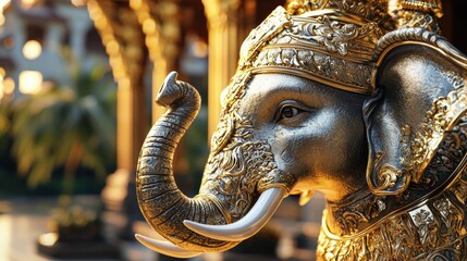 Intricate Golden Elephant Sculpture of Spiritual Significance