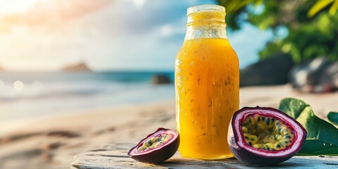 Sticker - Passion fruit juice and halved fruit on beach.