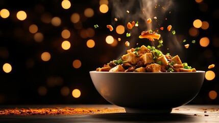 A bowl of hot and sour soup with tofu, mushrooms, and bamboo shoots, steam rising as it is served in a white porcelain bowl