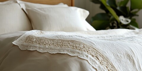 Sticker - White lace trim on a soft, white bed.