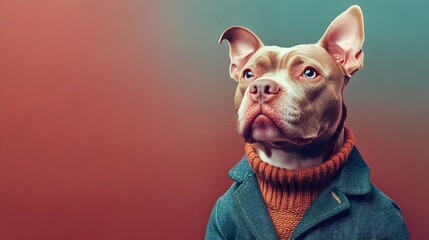 Wall Mural - surreal pitbull in business casual outfit with colorful background and studio lighting