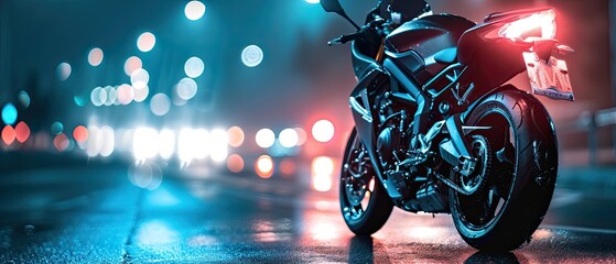 A sleek motorcycle, illuminated by neon lights, on a city street at night