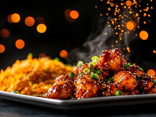 A plate of sesame chicken with a sticky, glossy sauce, garnished with sesame seeds and green onions, placed on a white rectangular plate