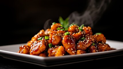 A plate of sesame chicken with a sticky, glossy sauce, garnished with sesame seeds and green onions, placed on a white rectangular plate