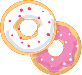 Poster - Two appetizing donuts with icing and sprinkles are lying on top of each other, a pink donut and a white donut