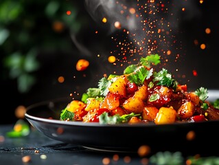 A plate of spicy Sichuanstyle ma la xiang guo, with a variety of ingredients stirfried in chili oil and Sichuan peppercorns, garnished with fresh cilantro