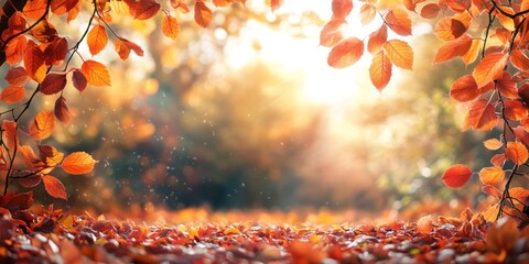 Wall Mural - Autumn background with orange fall leaves. Garden scene on fall season with bright shiny sun ray and maple tree