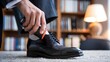 © BISO - A job candidate preparing for an interview. He is polishing his shoes with a black shoe polish. The background is blurred, showing a bookshelf filled with books and a lamp.