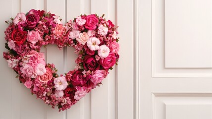 A heart-shaped wreath made of various pink and red flowers, hanging on a white wooden door.