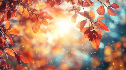 Wall Mural - Autumn background with orange fall leaves. Garden scene on fall season with bright shiny sun ray and maple tree