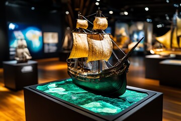 History museum themed exhibit on exploration and discovery, captured in a photo where the exhibit features maps, models of ships, and tools used by explorers, with engaging displays that tell