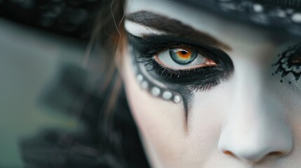 Wall Mural - A close-up shot of a person in a detailed Halloween costume resembling a classic horror character, capturing the intricate makeup and costume design.