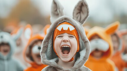 Wall Mural - A group of playful children dressed in various animal-themed Halloween costumes, laughing and enjoying a festive Halloween party.