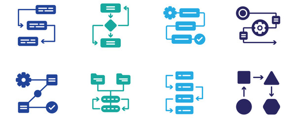 Set of icons related to workflow, processing, operation. Outline icon collection. Editable stroke. Vector illustration.	