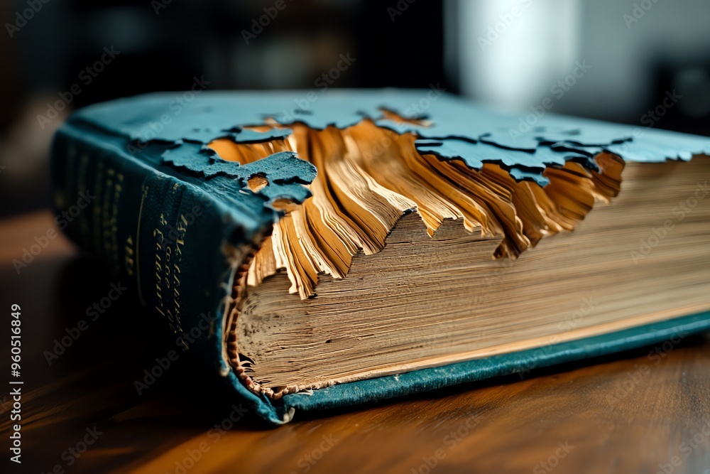 Magnified book pages, printed words, worn edges capture the history and ...