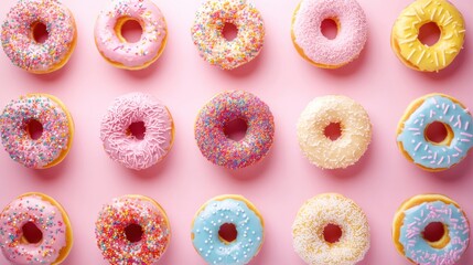 Brightly decorated donuts in various pastel colors and toppings create an enticing display, inviting everyone to indulge in these delightful baked goodies