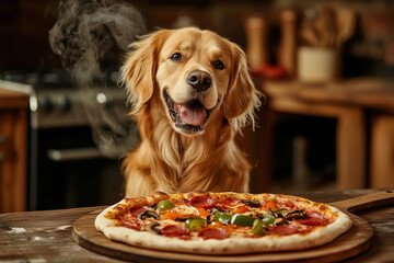 golden retriever and delicious pizza, hungry dog ​​sniffs pizza smell, food theft, delicious pizza advertisement