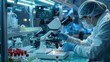 © vasu - Scientist conducting research in laboratory with microscope, wearing protective gear and analyzing samples under controlled conditions.