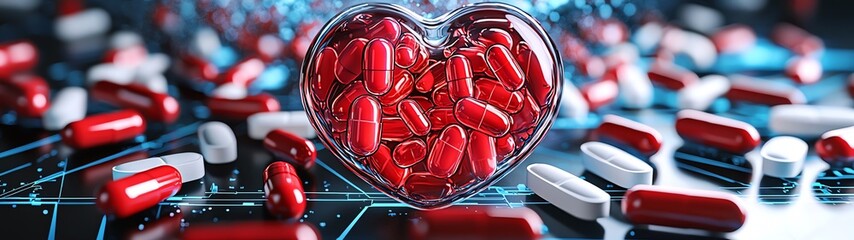 Wall Mural - Heart-shaped container filled with red capsules on a digital background, symbolizing health and medicine.