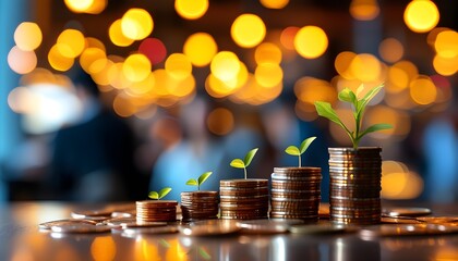 Wall Mural - Stacks of coins symbolizing financial prosperity amidst a vibrant backdrop of blurred lights and lively figures