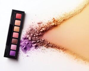 Colorful makeup palette with scattered powder creates a vibrant and artistic beauty composition.