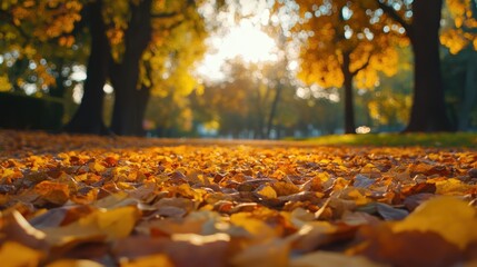 Wall Mural - Autumn background with orange fall leaves. Garden scene on fall season with bright shiny sun ray and maple tree