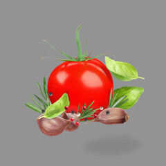 Wall Mural - Fresh tomato with herbs, garlic and mix of peppers in air on grey background