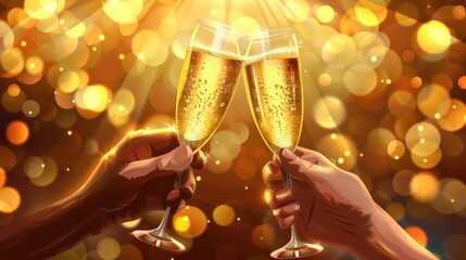 Golden Hour Celebration: Two Champagne Flutes Clinking in Festive Bokeh