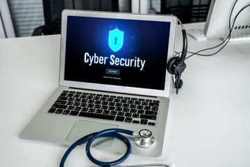 Cyber security system on computer screen protect private information snugly from hacker and cyber attack