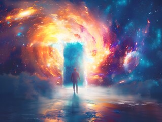 a person stepping through a bright and hopeful doorway into an unknown future embracing the energy o