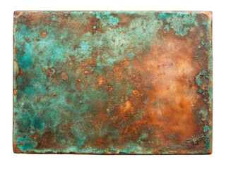 Weathered copper sheet with prominent green patina and visible erosion, showcasing a highly oxidized surface with vibrant textures and rusty patches. Isolated on transparent background, png.