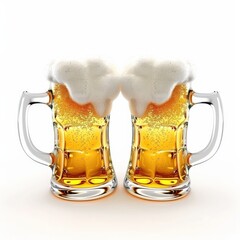 Mugs Of Beer. Cheers with Glasses of Lager, Cold and Foamy, Isolated on White