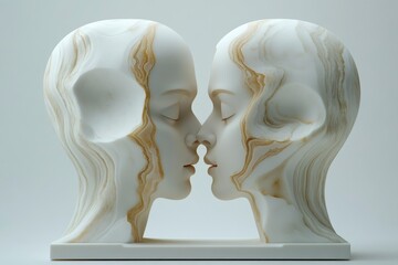 Abstract Marble Sculpture of Two Faces in a Kissing Pose