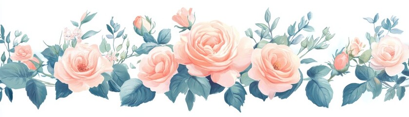 Delicate pink roses arranged elegantly with lush green leaves, perfect for weddings, invitations, or floral designs.