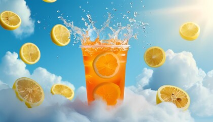 splashing explosions, a orange beverage in a transparent plastic cup, floating in the cloud, surrounded by lemon slice