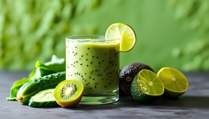 Vibrant green smoothie blend with creamy avocado, zesty lime, juicy kiwi, and crisp cucumber