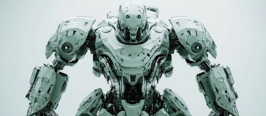 Futuristic mech soldier on a white background Military robot featuring green and gray metallic surfaces Pilot operated with scratched armor 3D rendering of a mech battle