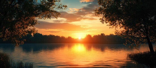Fototapete - Sunset over a tranquil lake with silhouettes of trees in the foreground creating a serene and picturesque natural landscape