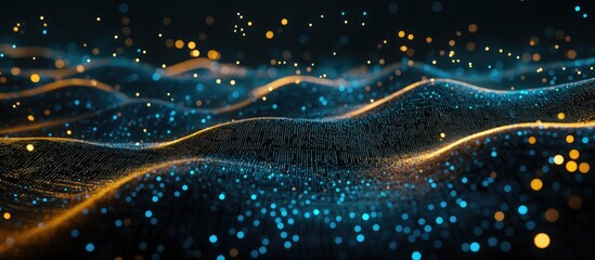 Futuristic abstract illustration of data technology featuring dots and lines on a dark background rendered in 3D
