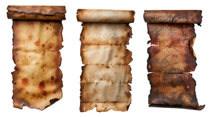 Set of ancient parchment scrolls, insolated on withe background, cut out